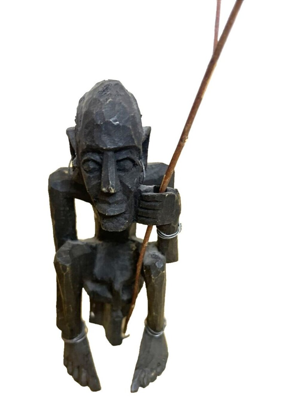 Wood Carved African Artwork Figurine Statue Sitting Holding Stick Earings 6"